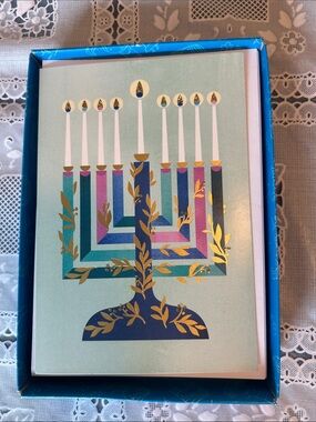 UNICEF Festive Blue & Teal Menorah Cards with Gold Accents